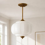 Semi-Flush Ceiling Light Antique Brass Ribbed Green Glass