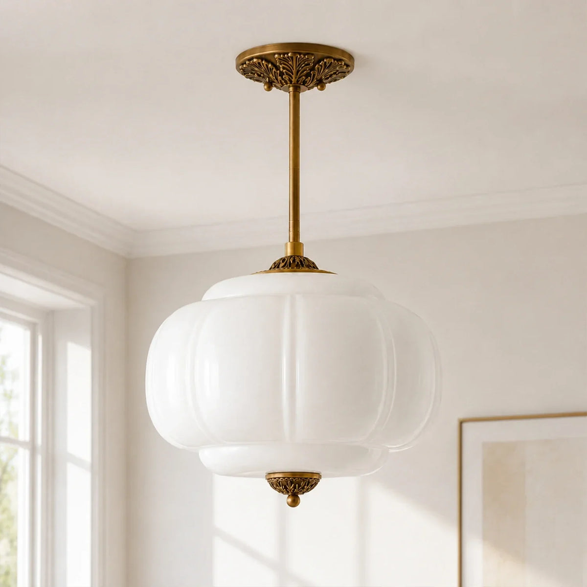 Semi-Flush Ceiling Light Antique Brass Ribbed Green Glass