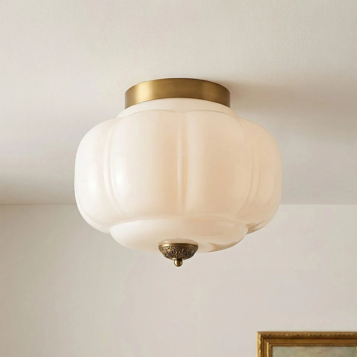 Semi-Flush Ceiling Light Milk Glass Pumpkin Shade