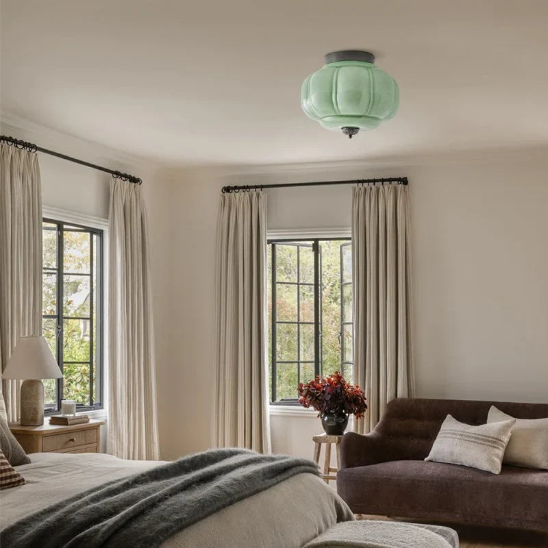 Semi-Flush Ceiling Light Milk Glass Pumpkin Shade