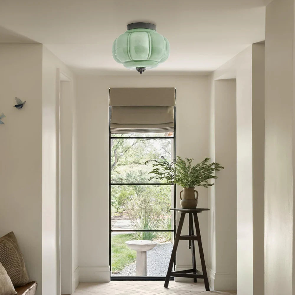 Semi-Flush Ceiling Light Milk Glass Pumpkin Shade