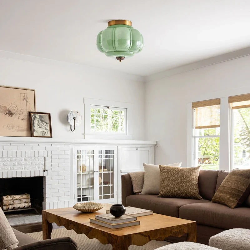 Semi-Flush Ceiling Light Milk Glass Pumpkin Shade