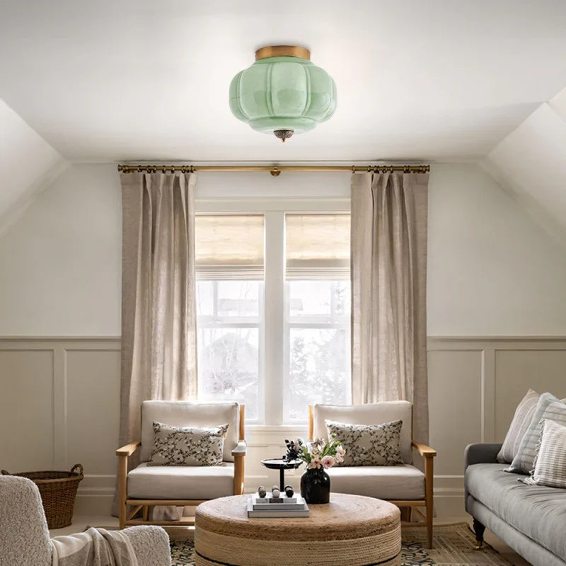 Semi-Flush Ceiling Light Milk Glass Pumpkin Shade