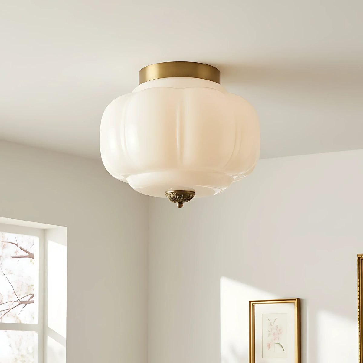 Semi-Flush Ceiling Light Milk Glass Pumpkin Shade