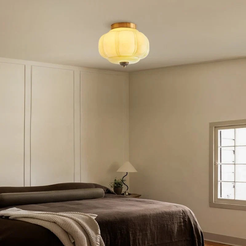 Semi-Flush Ceiling Light Milk Glass Pumpkin Shade
