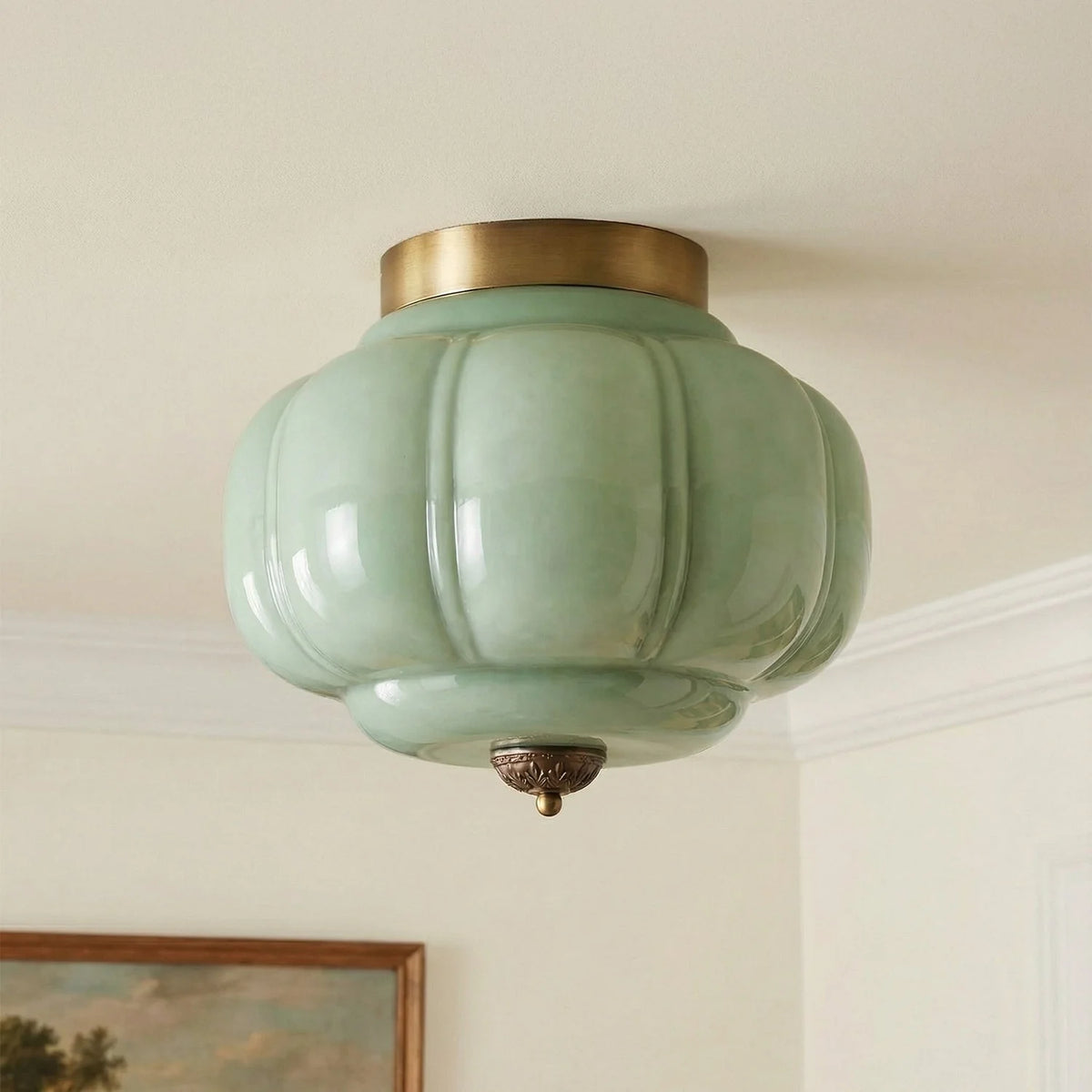 Semi-Flush Ceiling Light Milk Glass Pumpkin Shade