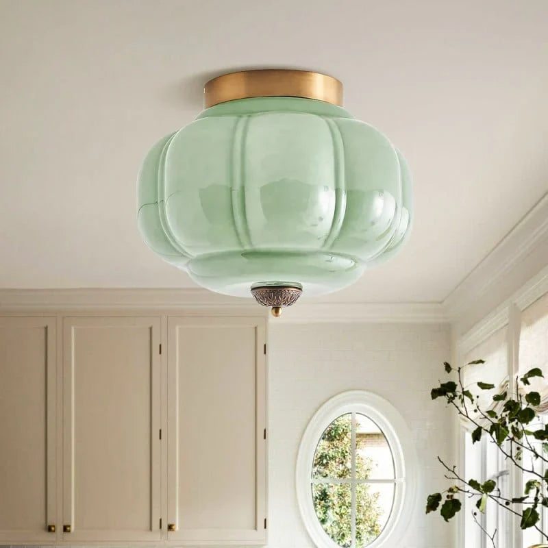 Semi-Flush Ceiling Light Milk Glass Pumpkin Shade