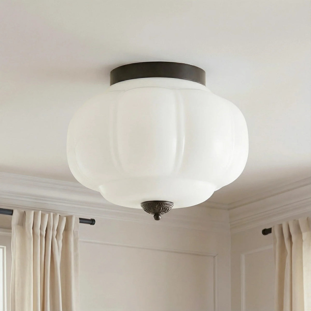 Semi-Flush Ceiling Light Milk Glass Pumpkin Shade