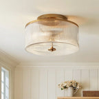 Semi-Flush Ceiling Light Ribbed Glass Brass Finish