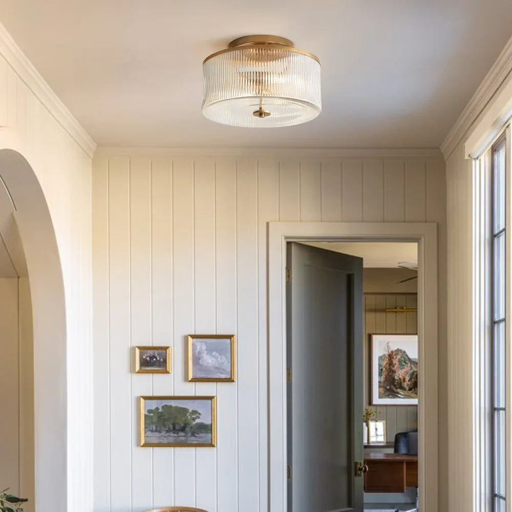 Semi-Flush Ceiling Light Ribbed Glass Brass Finish