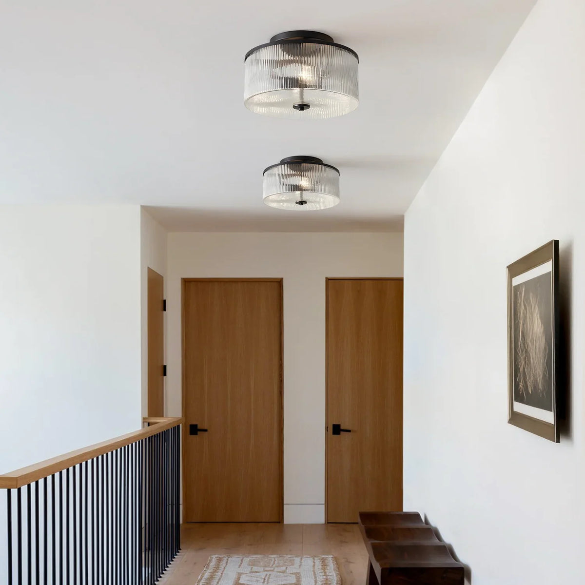Semi-Flush Ceiling Light Ribbed Glass Brass Finish