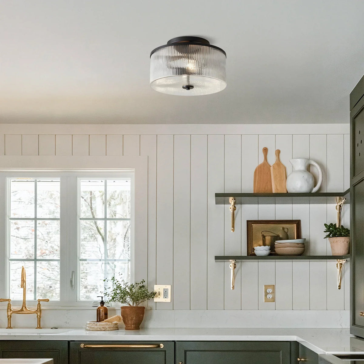 Semi-Flush Ceiling Light Ribbed Glass Brass Finish