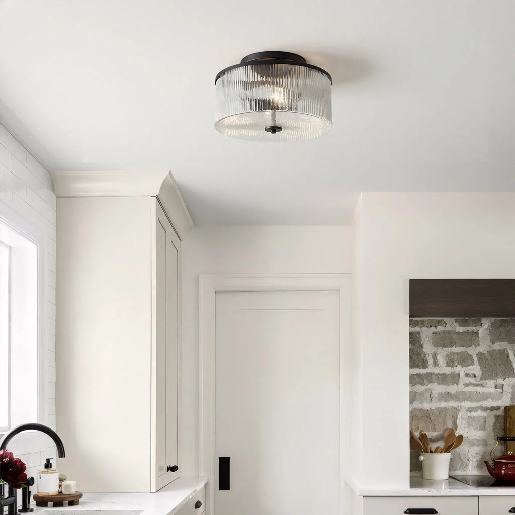 Semi-Flush Ceiling Light Ribbed Glass Brass Finish