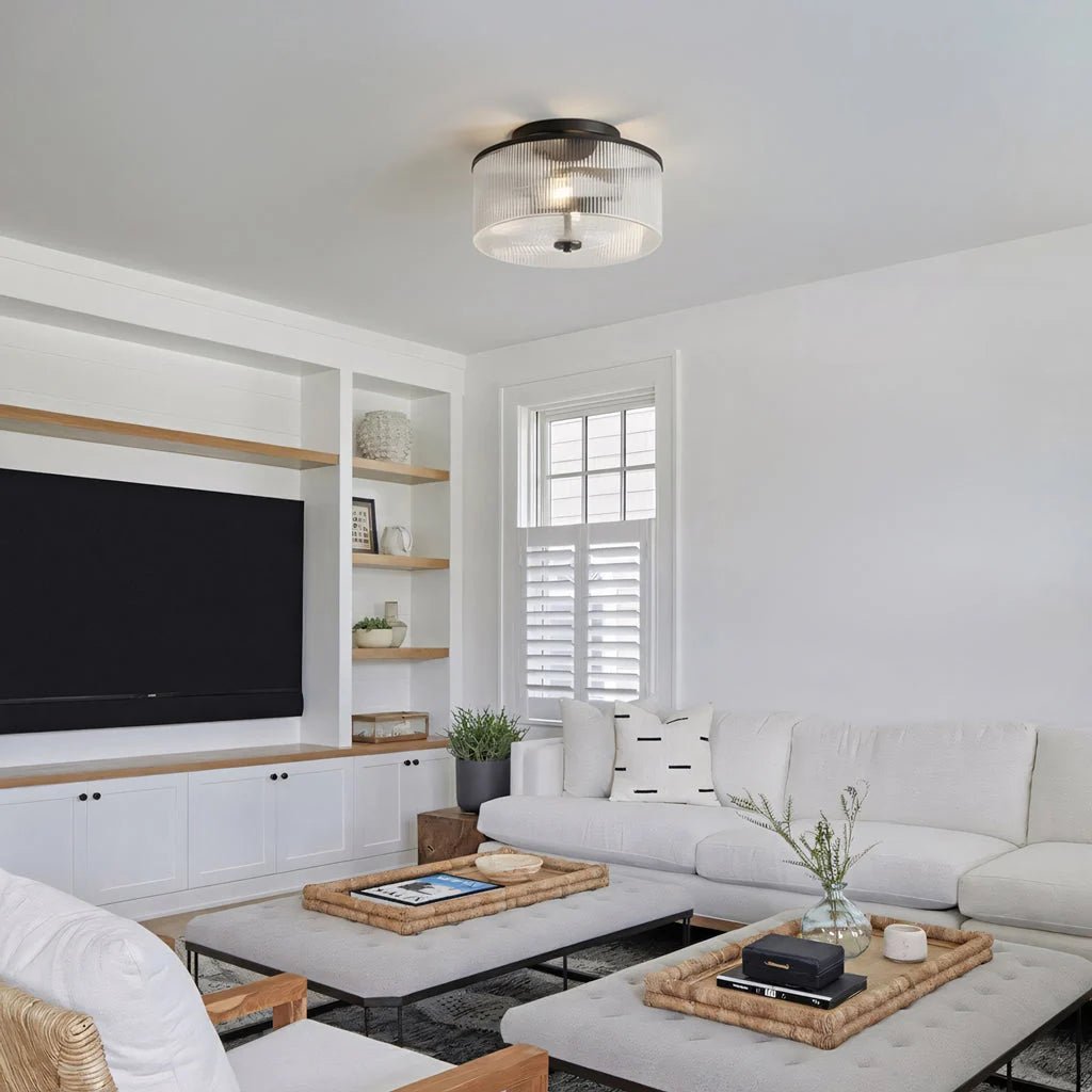 Semi-Flush Ceiling Light Ribbed Glass Brass Finish