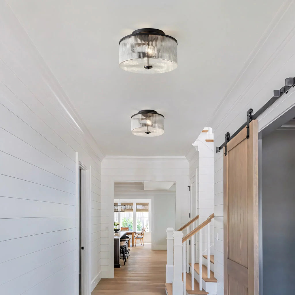 Semi-Flush Ceiling Light Ribbed Glass Brass Finish