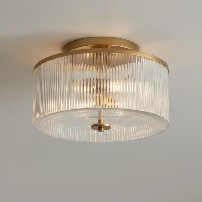 Semi-Flush Ceiling Light Ribbed Glass Brass Finish