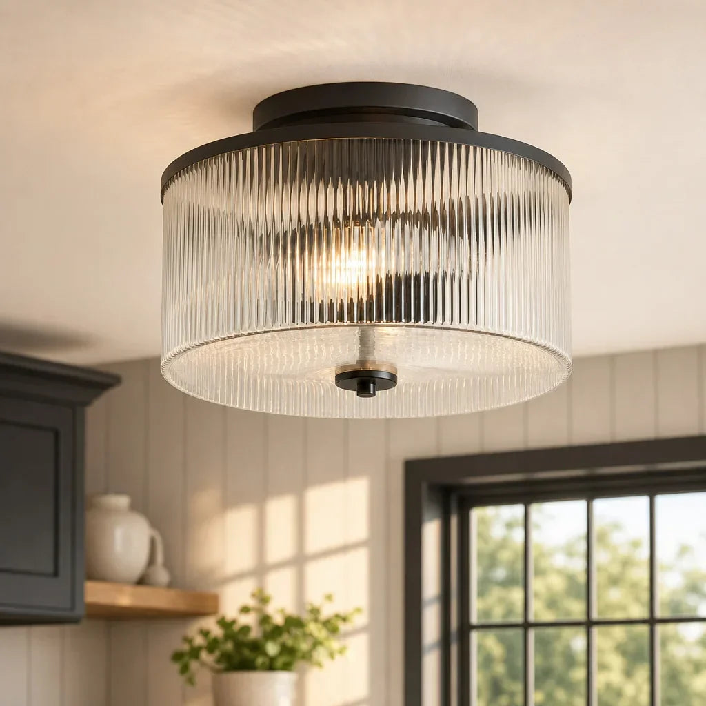 Semi-Flush Ceiling Light Ribbed Glass Brass Finish