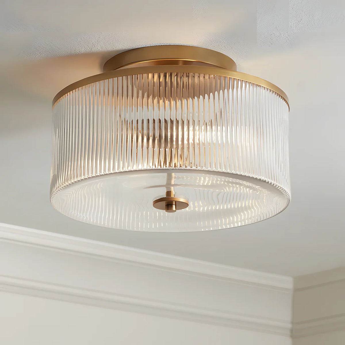Semi-Flush Ceiling Light Ribbed Glass Brass Finish