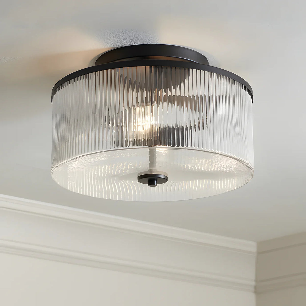 Semi-Flush Ceiling Light Ribbed Glass Brass Finish
