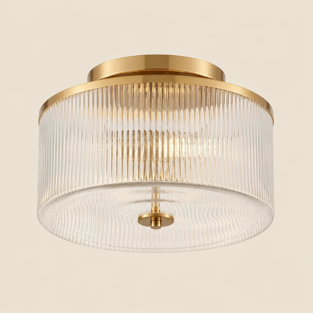 Semi-Flush Ceiling Light Ribbed Glass Brass Finish
