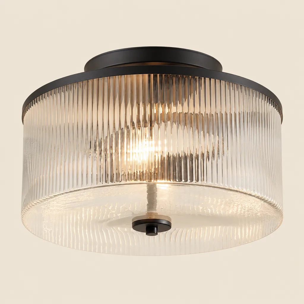Semi-Flush Ceiling Light Ribbed Glass Brass Finish