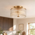 Semi-Flush Ceiling Light Ribbed Glass Brass Finish