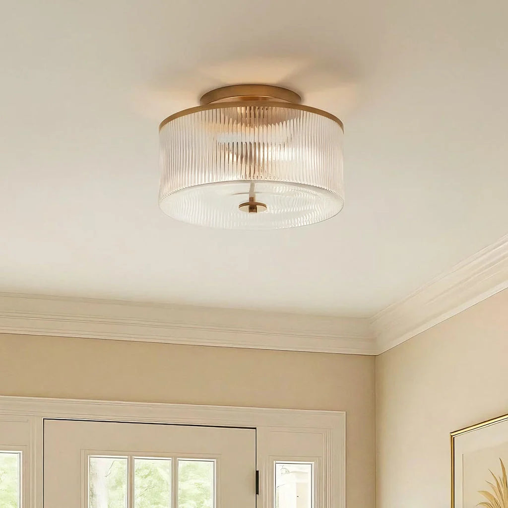 Semi-Flush Ceiling Light Ribbed Glass Brass Finish
