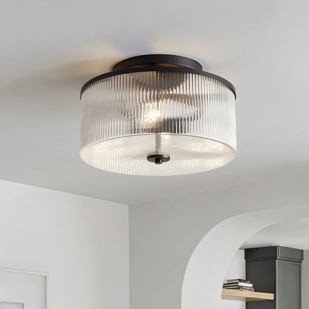 Semi-Flush Ceiling Light Ribbed Glass Brass Finish