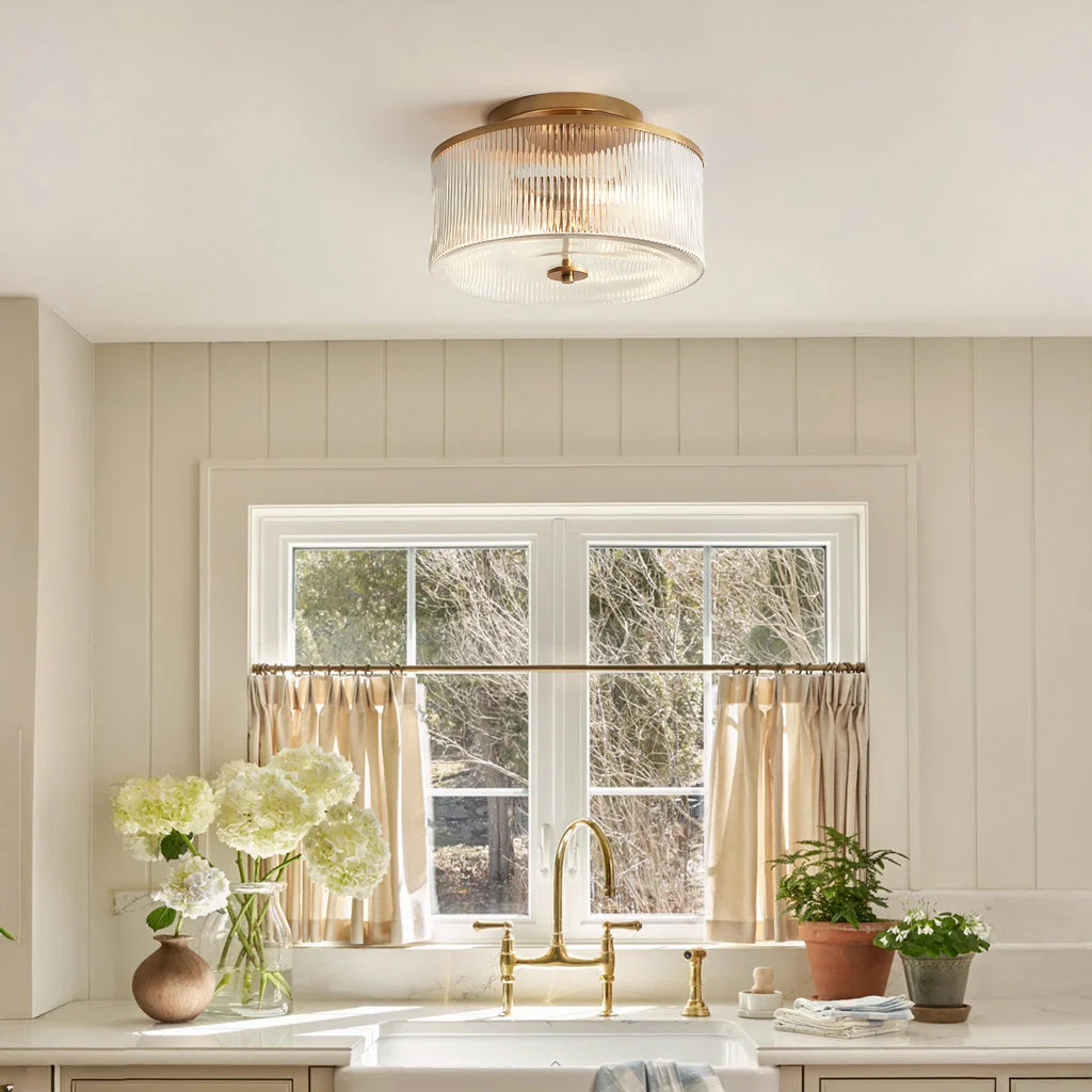 Semi-Flush Ceiling Light Ribbed Glass Brass Finish