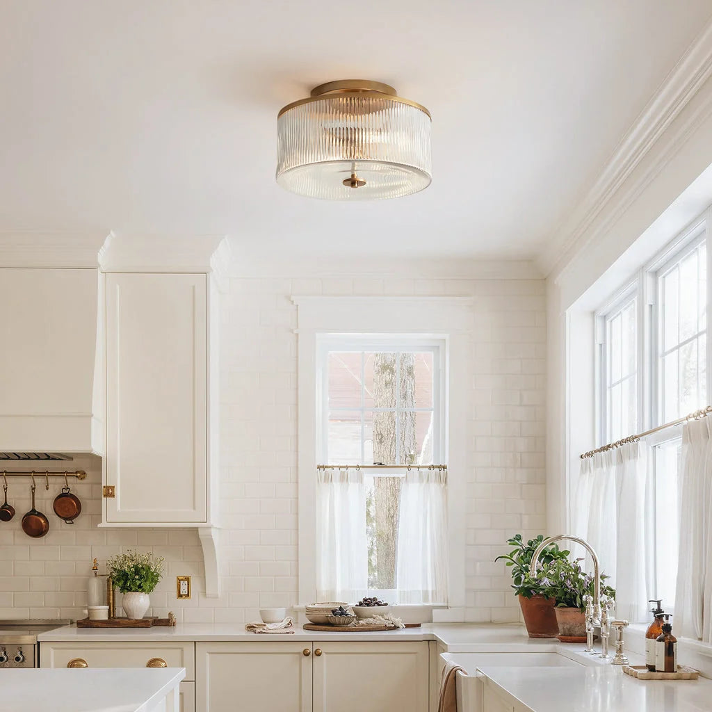 Semi-Flush Ceiling Light Ribbed Glass Brass Finish