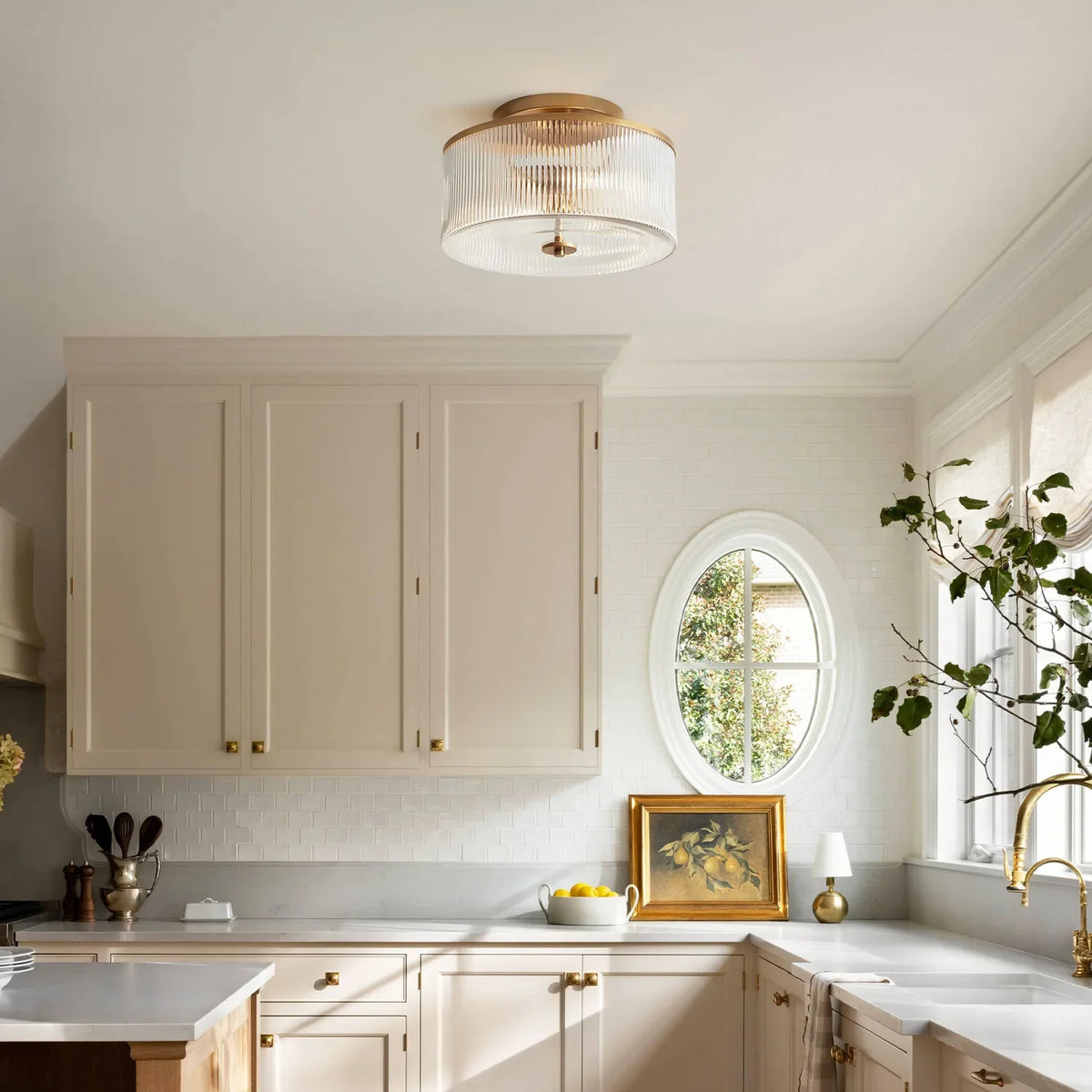 Semi-Flush Ceiling Light Ribbed Glass Brass Finish