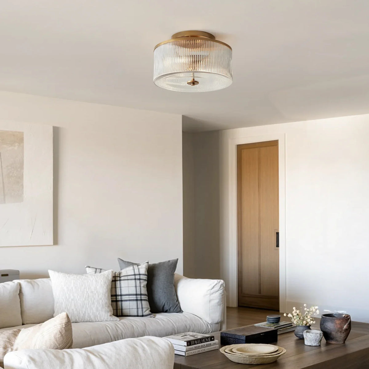 Semi-Flush Ceiling Light Ribbed Glass Brass Finish