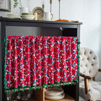 Semi-Sheer Cotton-Linen Red Floral Cabinet Curtain (Rod Pocket)