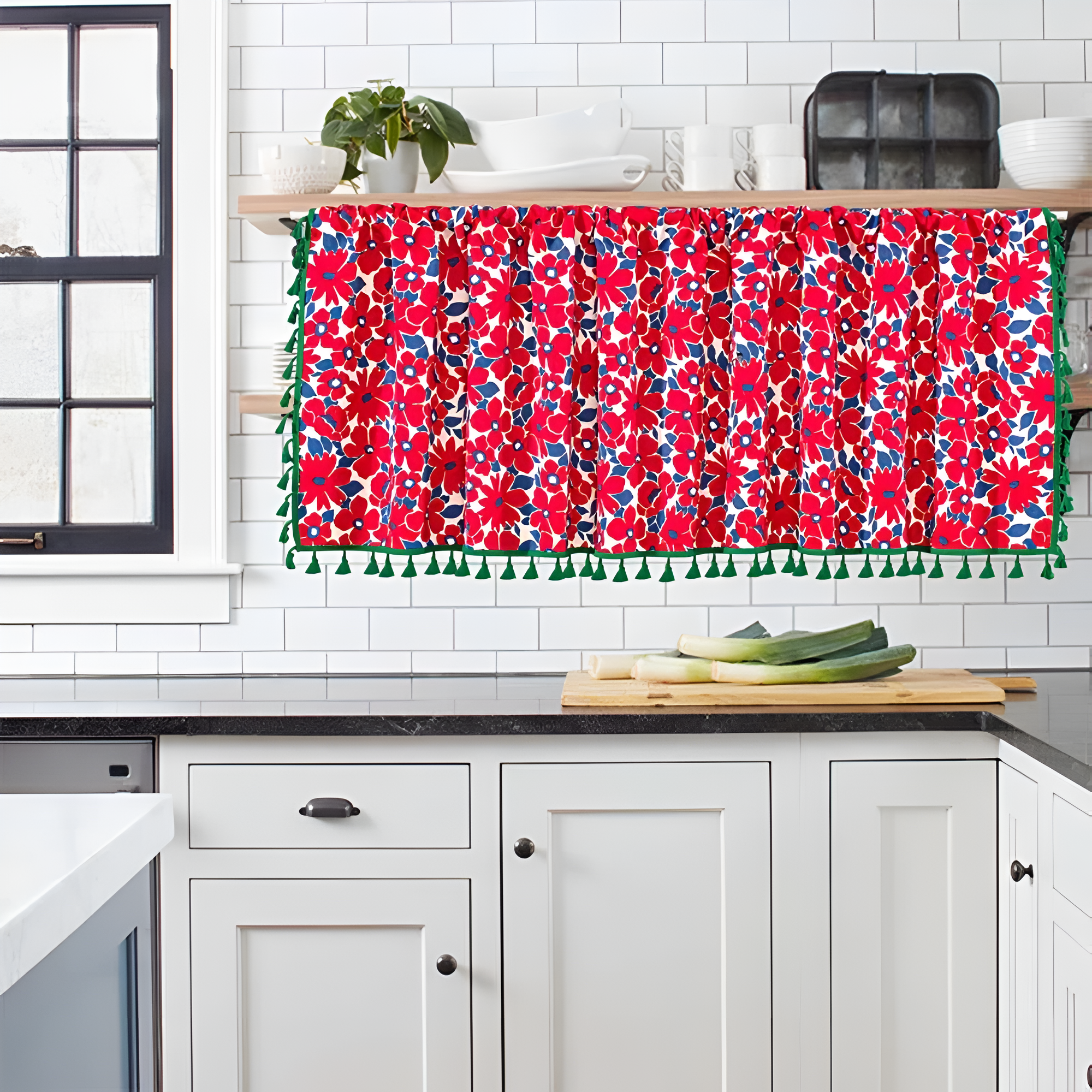 Semi-Sheer Cotton-Linen Red Floral Cabinet Curtain (Rod Pocket)