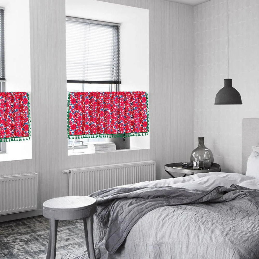 Semi-Sheer Cotton-Linen Red Floral Cabinet Curtain (Rod Pocket)