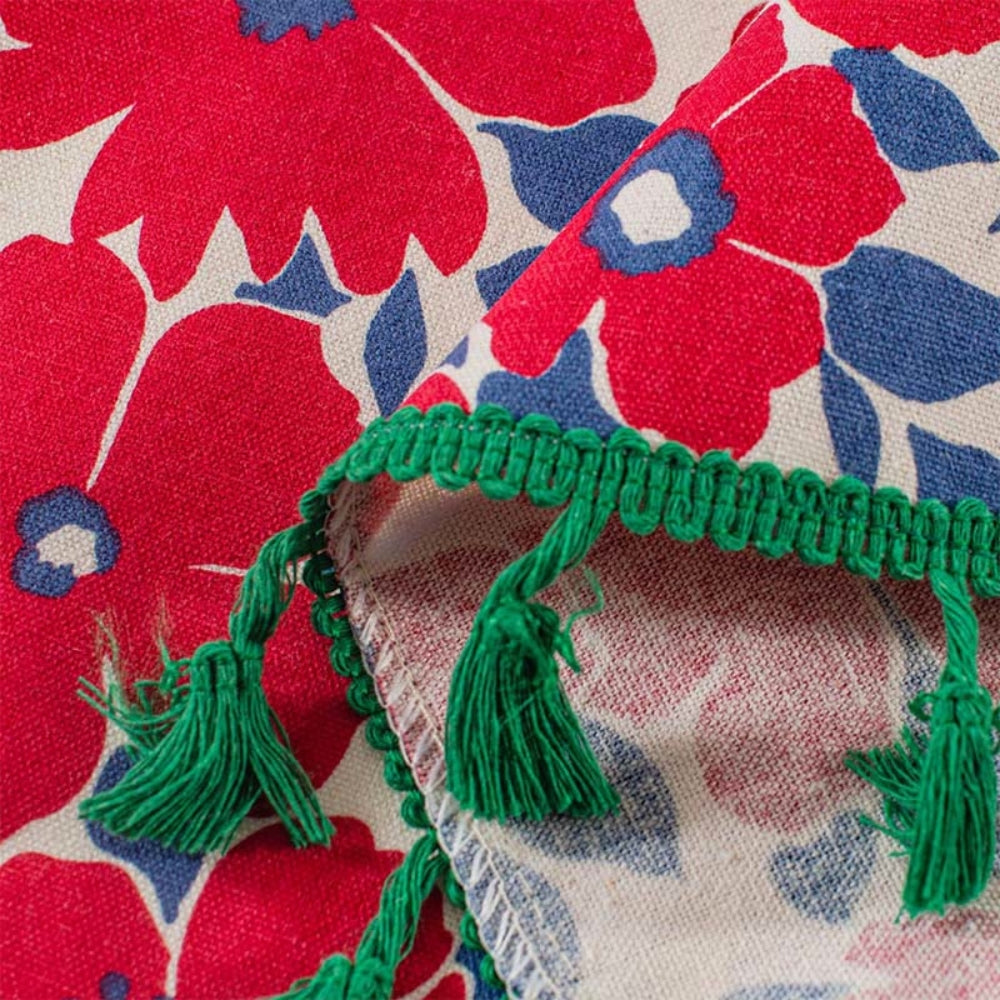 Semi-Sheer Cotton-Linen Red Floral Cabinet Curtain (Rod Pocket)