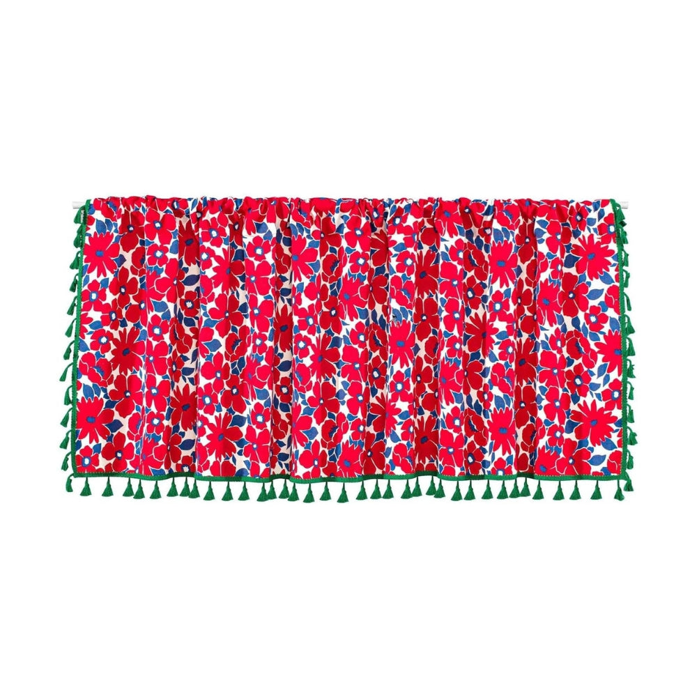 Semi-Sheer Cotton-Linen Red Floral Cabinet Curtain (Rod Pocket)