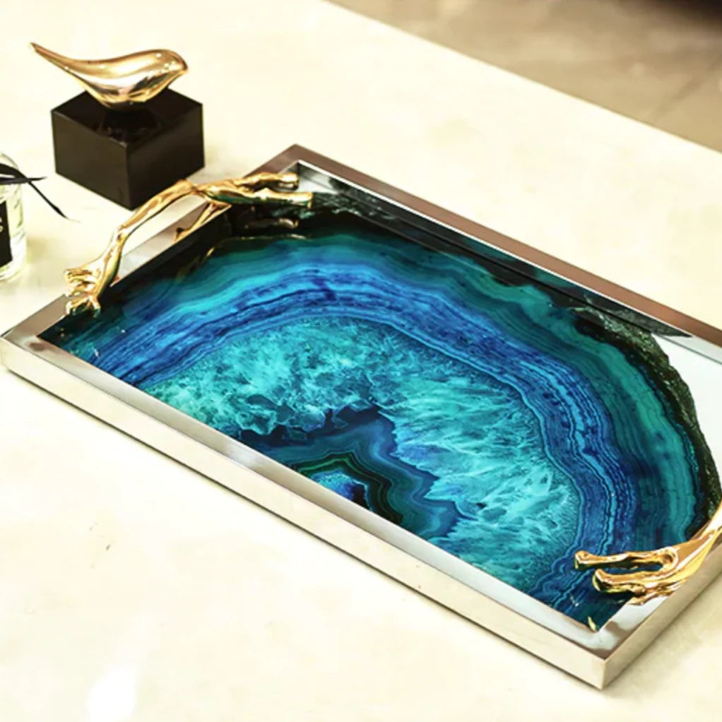 Serving Tray Blue Agate Glass Inlay Stainless Steel Rim