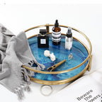 Serving Tray Blue Agate Glass Inlay Stainless Steel Rim
