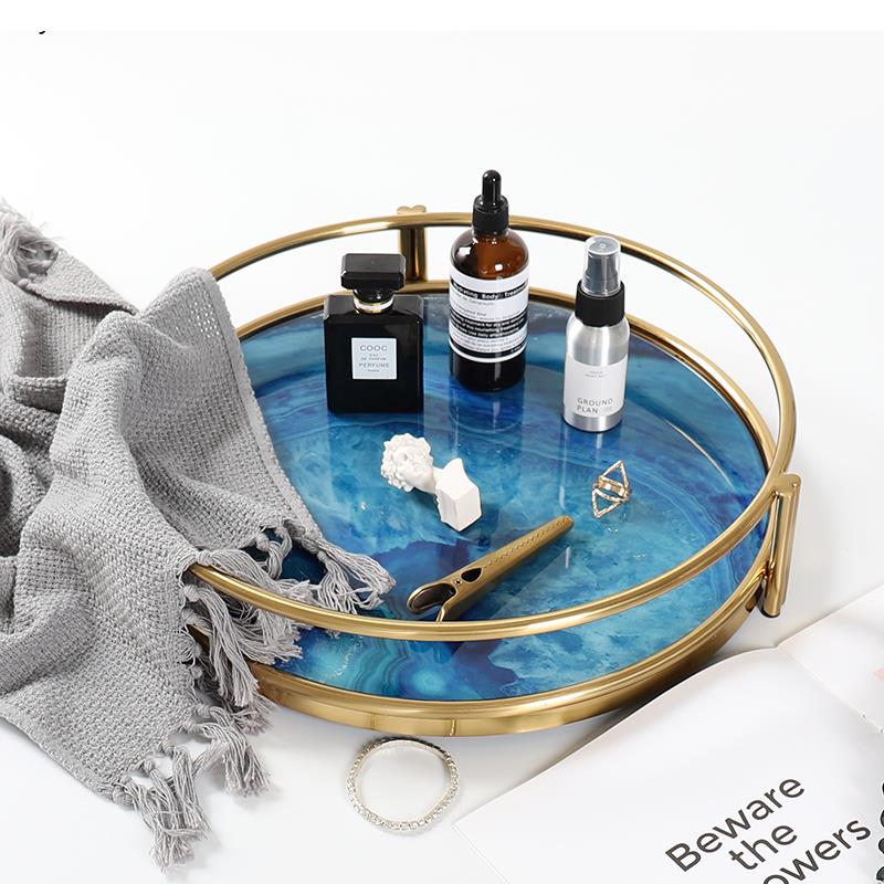 Serving Tray Blue Agate Glass Inlay Stainless Steel Rim