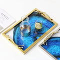 Serving Tray Blue Agate Glass Top Stainless Steel Frame