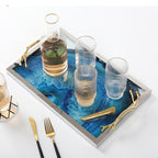 Serving Tray Blue Agate Glass Top Stainless Steel Frame