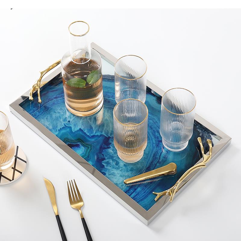 Serving Tray Blue Agate Glass Top Stainless Steel Frame
