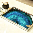 Serving Tray Blue Agate Glass Top Stainless Steel Frame