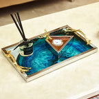 Serving Tray Blue Agate Glass Top Stainless Steel Frame