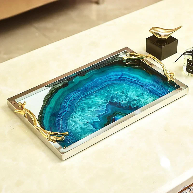 Serving Tray Blue Agate Glass Top Stainless Steel Frame