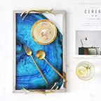Serving Tray Blue Agate Glass Top Stainless Steel Frame