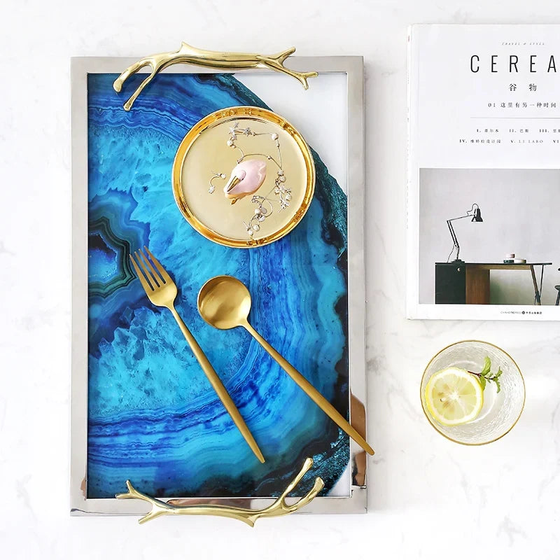 Serving Tray Blue Agate Glass Top Stainless Steel Frame