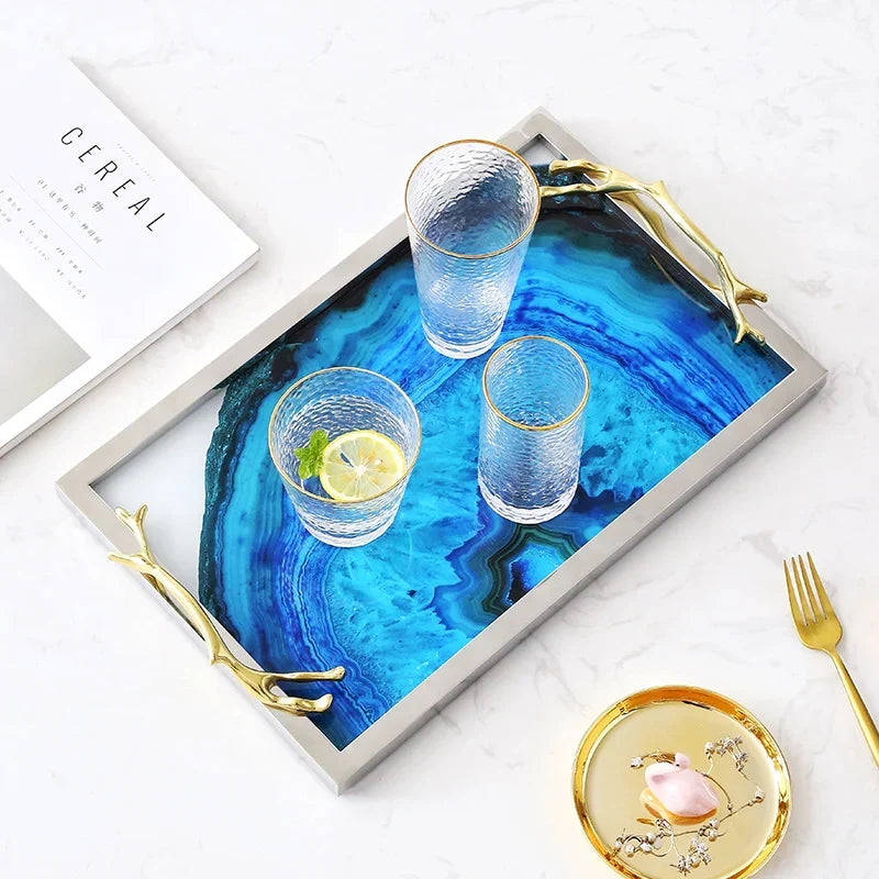 Serving Tray Blue Agate Glass Top Stainless Steel Frame
