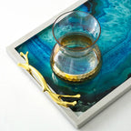 Serving Tray Blue Agate Glass Top Stainless Steel Frame